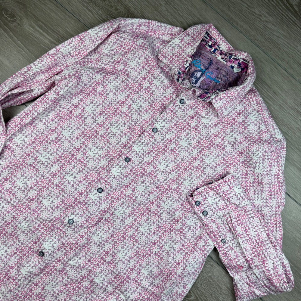 Robert Graham Mens Button Front Shirt Geometric Print Pink White 2XL